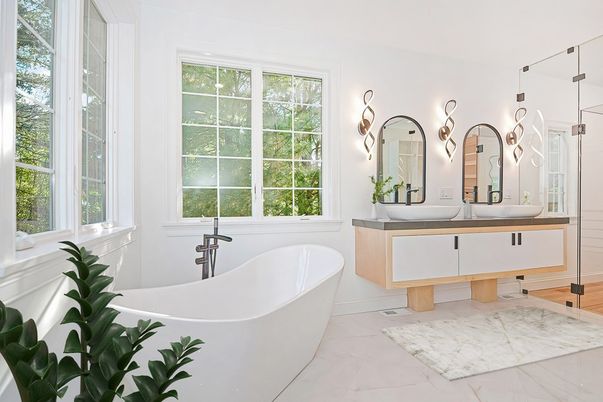 Bathroom, Dual Sink Vanities, Free Standing Baths, Interior, Marble