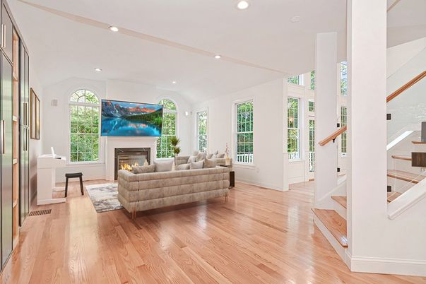 Fireplace, Interior, Living room, Recessed Lighting, Wood Texture Flooring