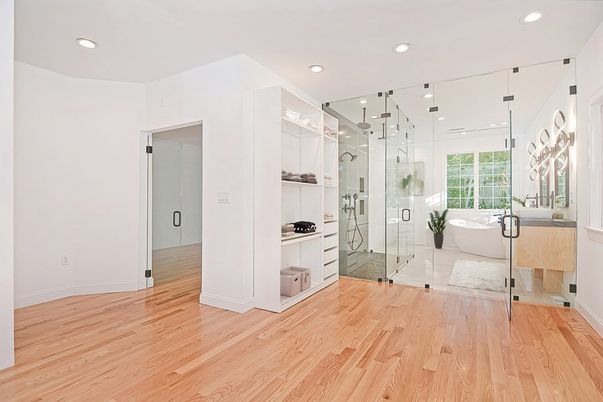 Bathroom, Free Standing Baths, Glass Shower, Interior, Recessed Lighting, Wood Texture Flooring