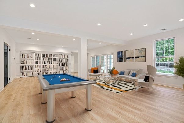 Billiard Table, Game Room, Interior, Recessed Lighting, Wood Texture Flooring