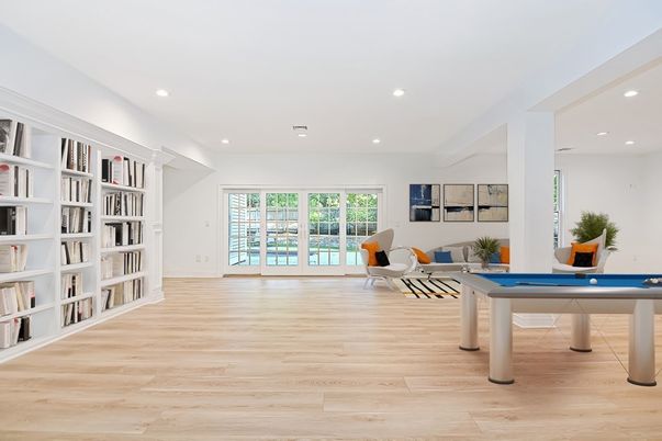 Billiard Table, Game Room, Interior, Recessed Lighting, Wood Texture Flooring