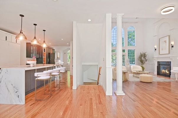 Fireplace, Interior, Kitchen, Living room, Pendant Lights, Recessed Lighting, Wood Texture Flooring
