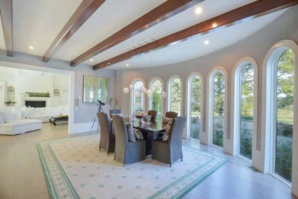 Dining room, Fireplace, Interior, Living room, Recessed Lighting, Wooden Beams, Wood Texture Flooring
