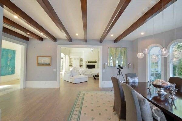 Dining room, Interior, Living room, Pendant Lights, Recessed Lighting, Wooden Beams, Wood Texture Flooring