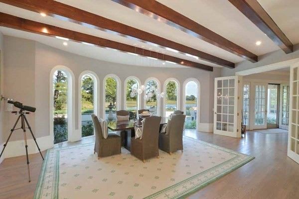 Dining room, Interior, Pendant Lights, Recessed Lighting, Wooden Beams, Wood Texture Flooring