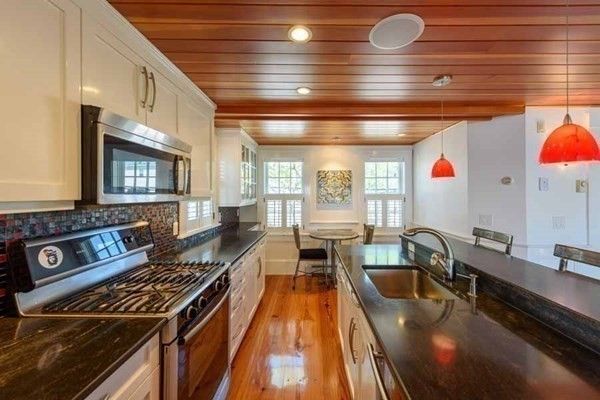 Interior, Kitchen, Pendant Lights, Recessed Lighting, Stainless Steel Appliances, Wooden Ceilings, Wood Texture Flooring