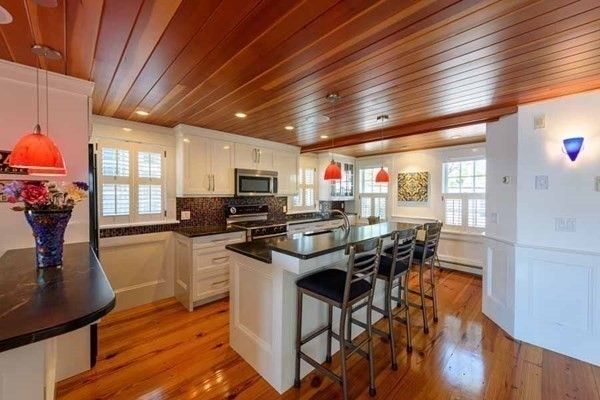 Interior, Kitchen, Pendant Lights, Recessed Lighting, Stainless Steel Appliances, Wooden Ceilings, Wood Texture Flooring