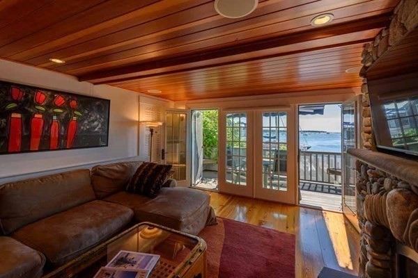 Interior, Living room, Recessed Lighting, Water, Wooden Ceilings, Wood Texture Flooring, Wooden Walls