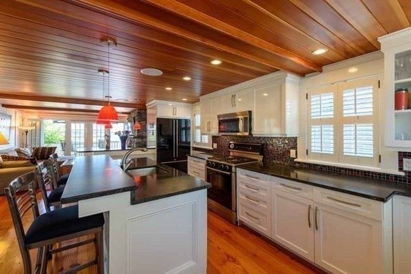 Interior, Kitchen, Pendant Lights, Recessed Lighting, Stainless Steel Appliances, Wooden Ceilings, Wood Texture Flooring