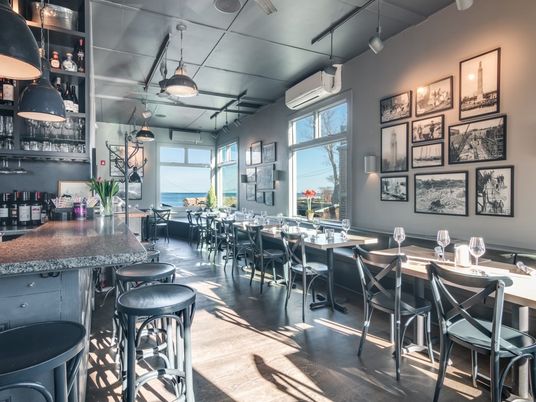Dining room, Interior, Pendant Lights, Water, Wood Texture Flooring