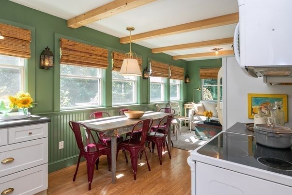 Dining room, Interior, Pendant Lights, Wooden Beams, Wood Texture Flooring