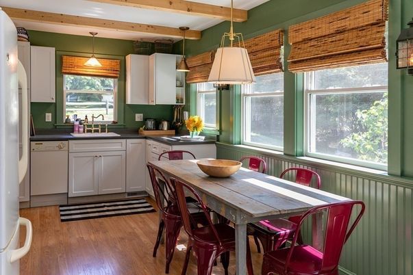Dining room, Interior, Kitchen, Pendant Lights, Wooden Beams, Wood Texture Flooring