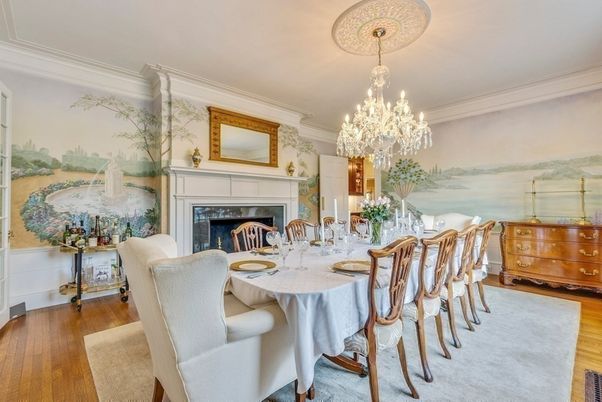 Chandelier, Dining room, Fireplace, Interior, Wood Texture Flooring