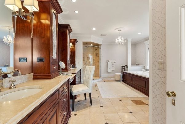 Bathroom, Chandelier, Dual Sink Vanities, Interior, Recessed Lighting