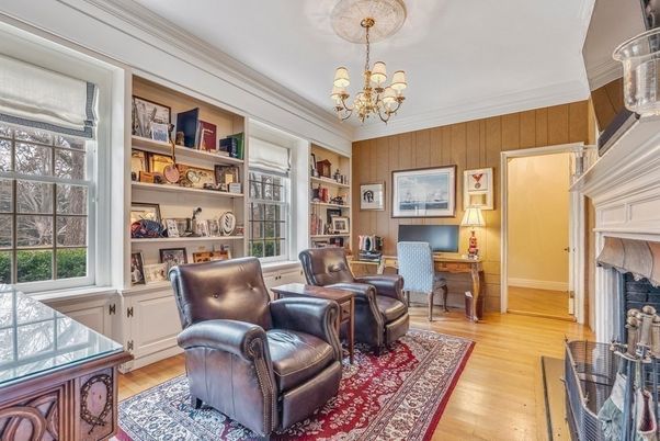 Chandelier, Fireplace, Home Office, Interior, Wood Texture Flooring, Wooden Walls