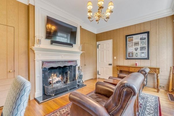 Chandelier, Fireplace, Interior, Wood Texture Flooring, Wooden Walls