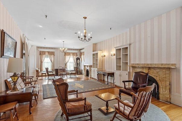 Chandelier, Dining room, Fireplace, Interior, Living room, Recessed Lighting, Wood Texture Flooring