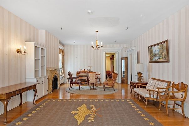 Chandelier, Dining room, Fireplace, Interior, Wood Texture Flooring