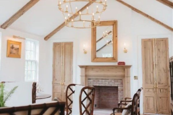 Chandelier, Dining room, Fireplace, Interior, Wooden Beams