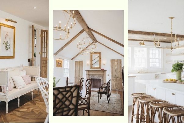 Chandelier, Fireplace, Interior, Living room, Pendant Lights, Recessed Lighting, Wooden Beams, Wood Texture Flooring