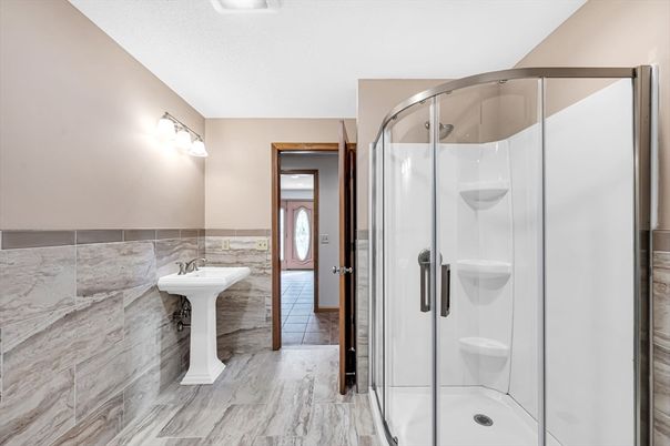 Bathroom, Glass Shower, Interior, Wood Texture Flooring