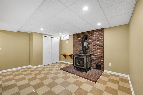 Empty room, Fireplace, Interior, Recessed Lighting, Stone Walls