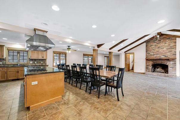 Dining room, Fireplace, Interior, Kitchen, Recessed Lighting, Stone Walls, Wooden Beams