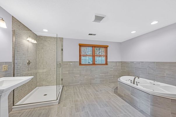 Bathroom, Glass Shower, Interior, Recessed Lighting, Wood Texture Flooring