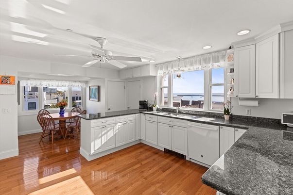 Dining room, Interior, Kitchen, Pendant Lights, Recessed Lighting, Water, Wood Texture Flooring