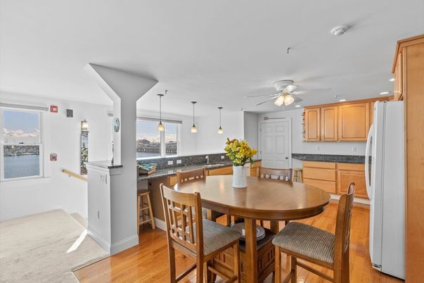 Dining room, Interior, Kitchen, Pendant Lights, Recessed Lighting, Wood Texture Flooring