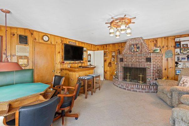 Billiard Table, Chandelier, Fireplace, Game Room, Interior, Wooden Walls