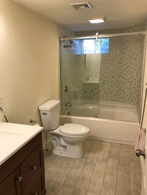 Bathroom, Glass Shower, Interior, Wood Texture Flooring