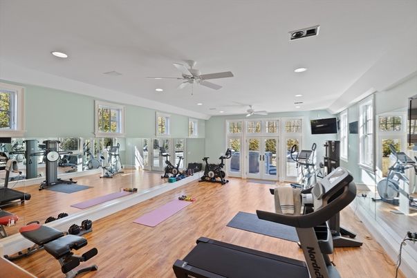 Fitness Equipment, Gym, Interior, Recessed Lighting, Wood Texture Flooring