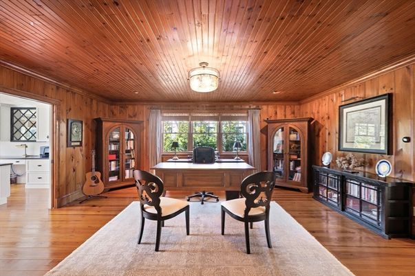 Home Office, Interior, Recessed Lighting, Wooden Ceilings, Wood Texture Flooring, Wooden Walls