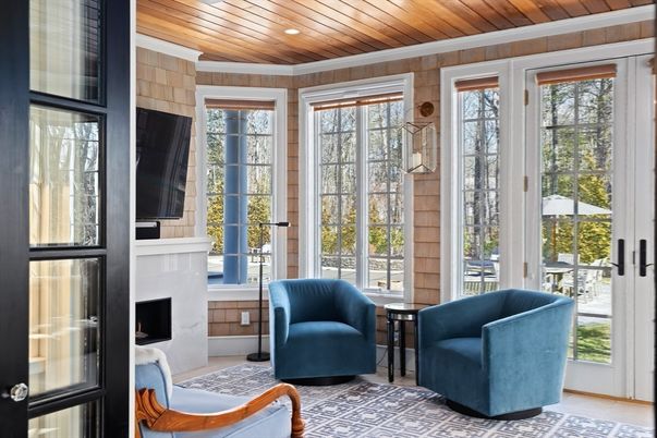 Fireplace, Interior, Recessed Lighting, Sun Room, Wooden Ceilings