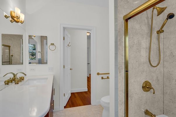 Bathroom, Dual Sink Vanities, Glass Shower, Interior, Wood Texture Flooring