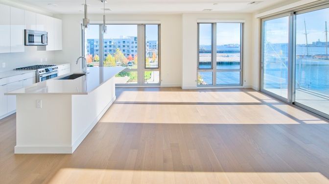 Interior, Kitchen, Pendant Lights, Recessed Lighting, Water, Wood Texture Flooring