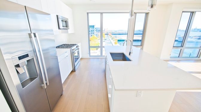 Interior, Kitchen, Stainless Steel Appliances, Water, Wood Texture Flooring
