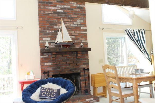 Dining room, Fireplace, Interior, Pendant Lights, Stone Walls