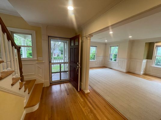 Empty room, Fireplace, Interior, Recessed Lighting, Wood Texture Flooring