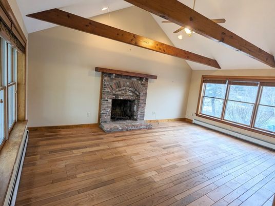 Empty room, Fireplace, Interior, Wooden Beams, Wood Texture Flooring