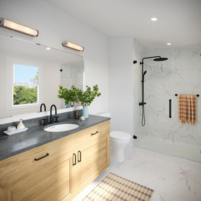Bathroom, Dual Sink Vanities, Glass Shower, Interior, Marble, Marble Walls, Recessed Lighting