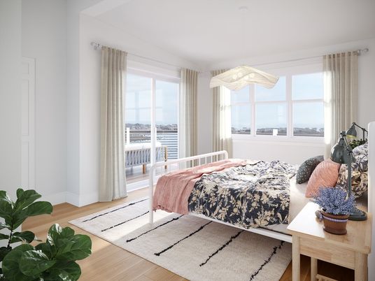 Bedroom, Interior, Pendant Lights, Water, Wood Texture Flooring