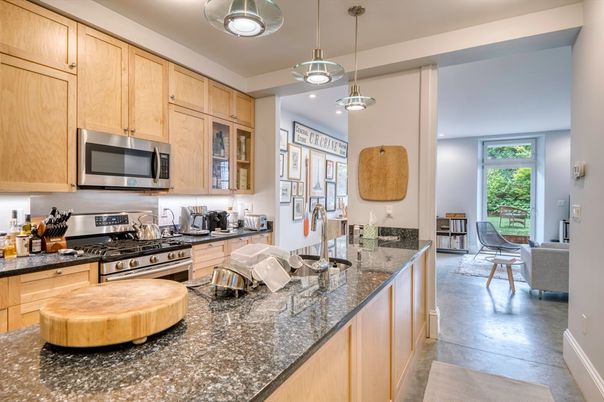 Interior, Kitchen, Pendant Lights, Stainless Steel Appliances, Wood Texture Flooring