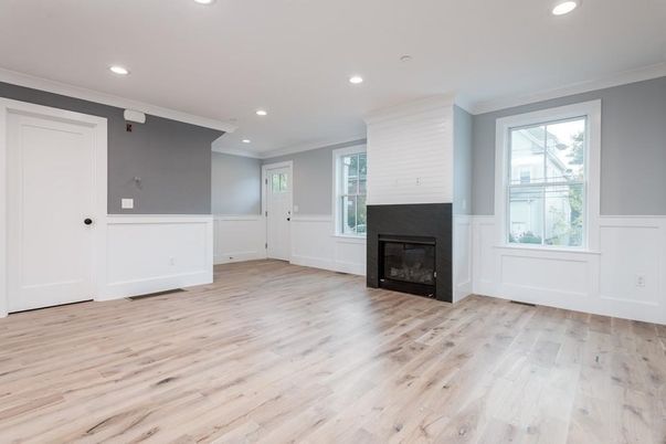 Empty room, Fireplace, Interior, Recessed Lighting, Wood Texture Flooring