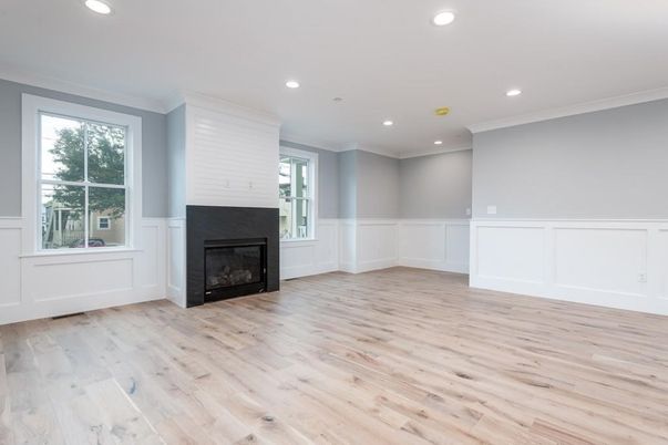 Empty room, Fireplace, Interior, Recessed Lighting, Wood Texture Flooring