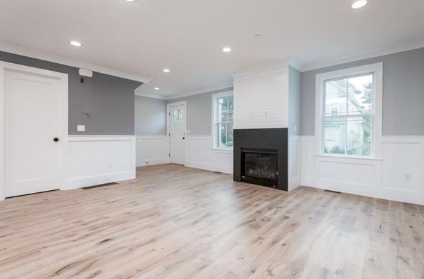 Empty room, Fireplace, Interior, Recessed Lighting, Wood Texture Flooring