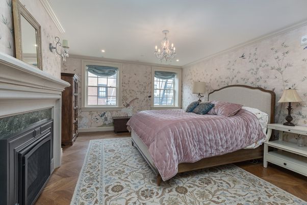 Bedroom, Chandelier, Fireplace, Interior, Recessed Lighting, Wood Texture Flooring