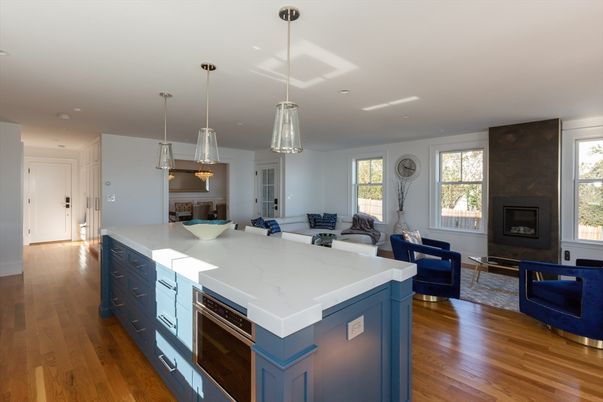 Fireplace, Interior, Kitchen, Living room, Pendant Lights, Recessed Lighting, Wood Texture Flooring
