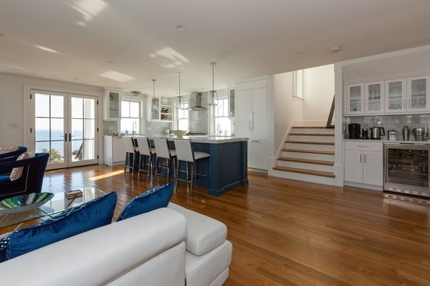 Interior, Kitchen, Living room, Pendant Lights, Recessed Lighting, Stainless Steel Appliances, Water, Wood Texture Flooring